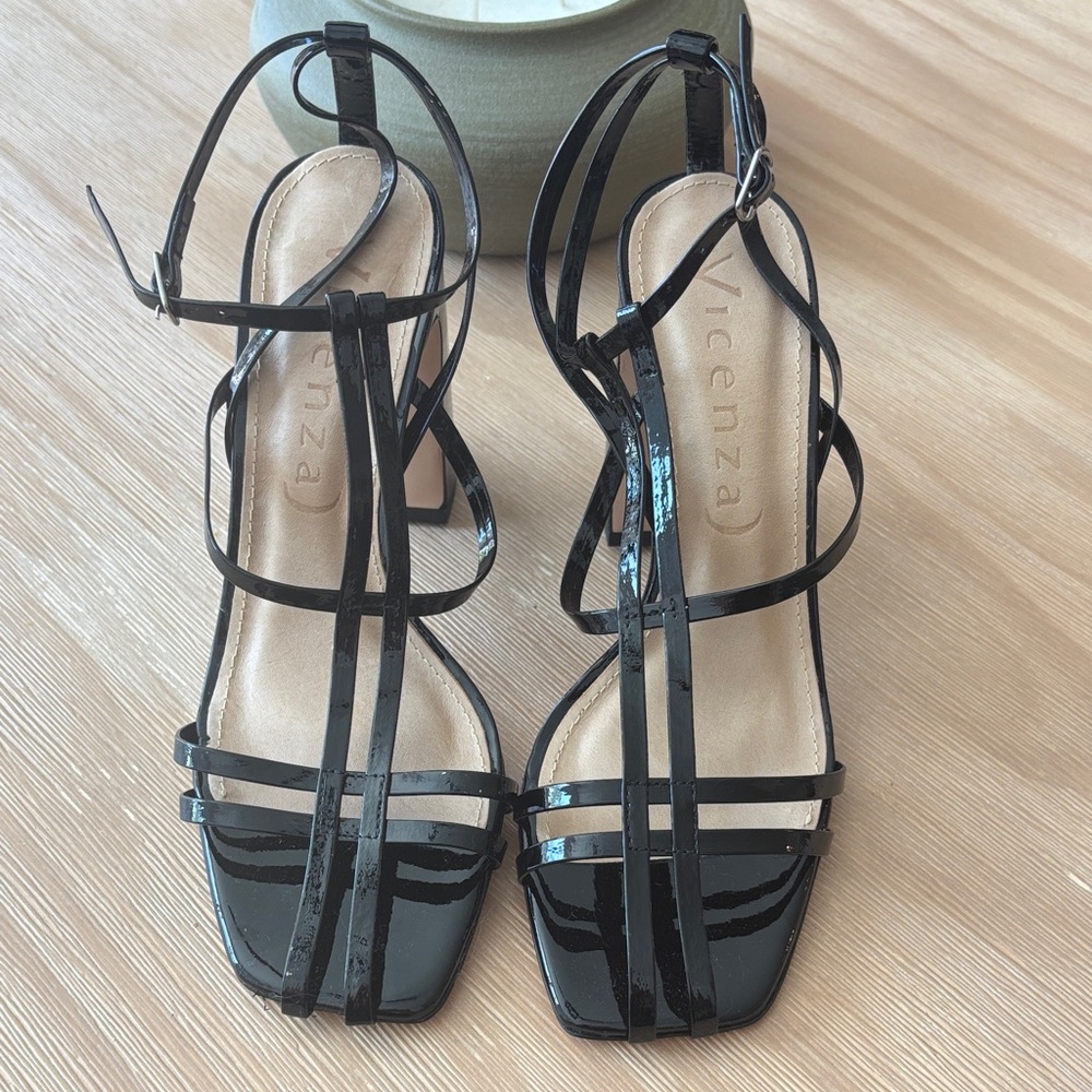 Vicenza Strappy Patent Leather Heels – Black
